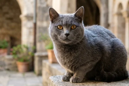 Un chat Chartreux avec un pelage bleu et des yeux orange dans un environnement chaleureux.