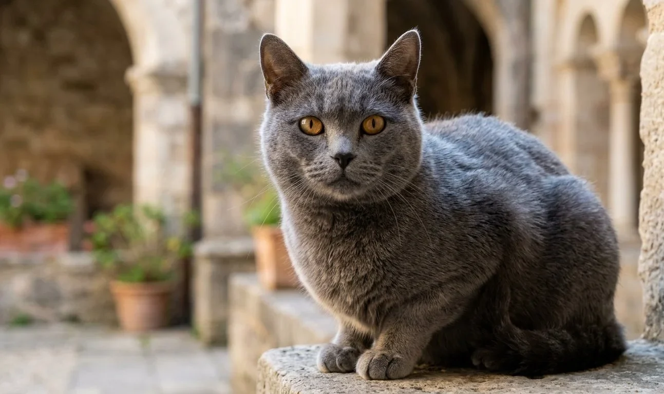 Un chat Chartreux avec un pelage bleu et des yeux orange dans un environnement chaleureux.