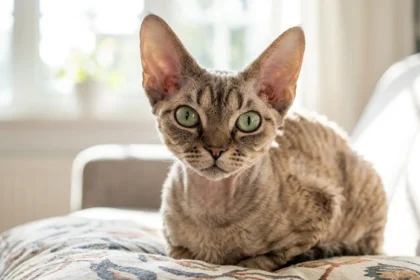 Chat Devon Rex aux grandes oreilles, pelage frisé et caractère amical.