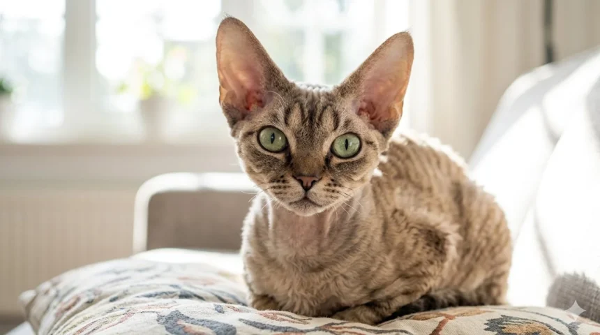 Chat Devon Rex aux grandes oreilles, pelage frisé et caractère amical.