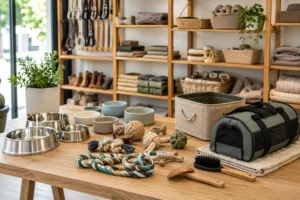 Accessoires pour animaux rangés dans une boutique responsable