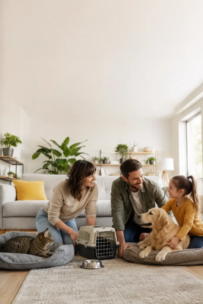 Famille préparant la maison avant d’accueillir un animal de