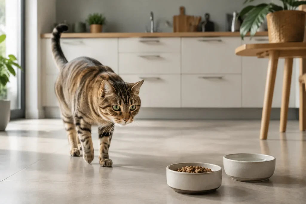 Chat devant une gamelle d’eau fraîche et une alimentation adaptée
