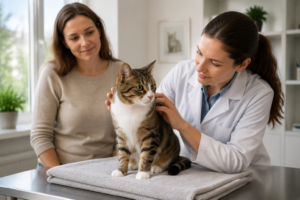 Chat calme pendant un bilan de santé vétérinaire
