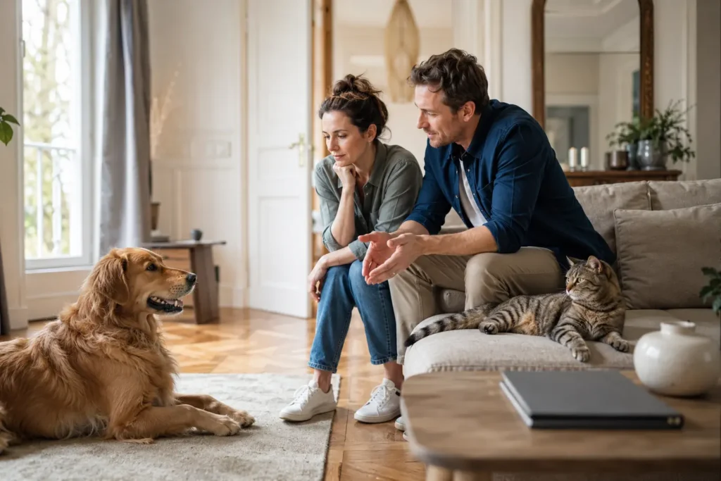 Famille réfléchissant avant de choisir un animal de compagnie avec un chien et un chat
