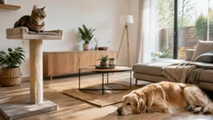 Cohabitation chien et chat calme dans un salon sécurisé