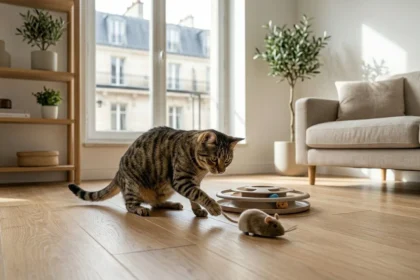 Un chat d'intérieur jouant avec des jouets pour faire de l'exercice