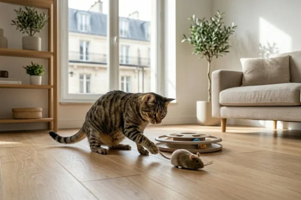 Un chat d'intérieur jouant avec des jouets pour faire de l'exercice