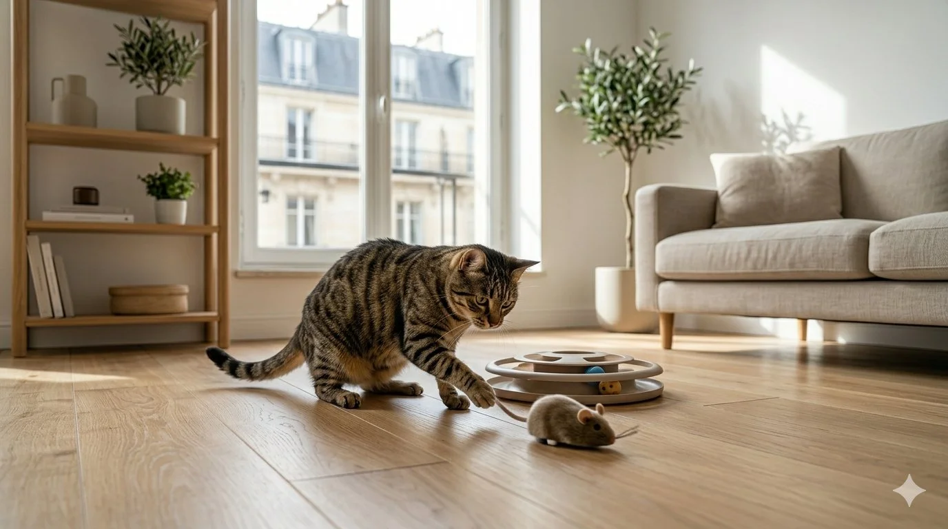 Un chat d'intérieur jouant avec des jouets pour faire de l'exercice