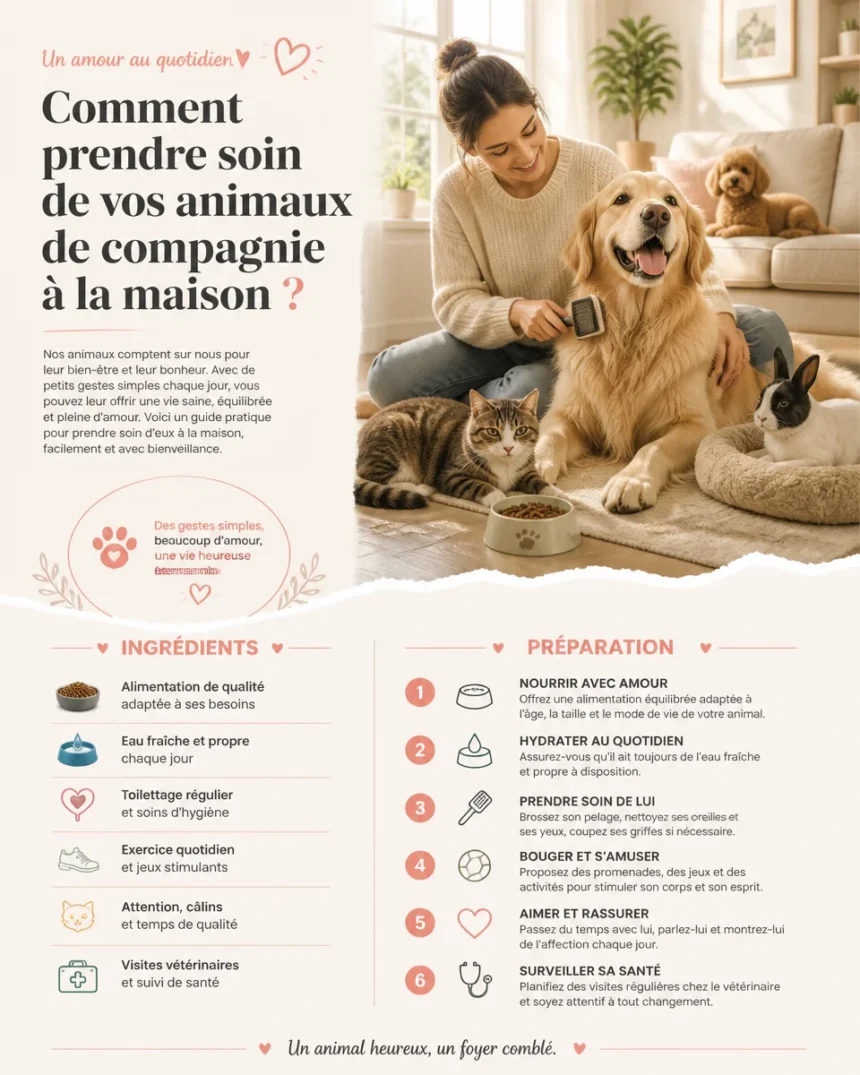 Un propriétaire prenant soin de ses animaux de compagnie à la maison.