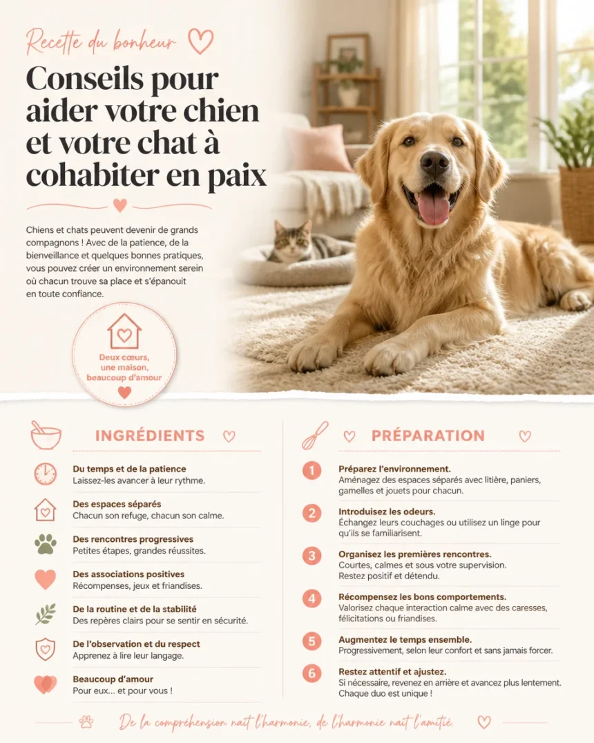 Chien et chat cohabitant en paix à la maison avec conseils pratiques