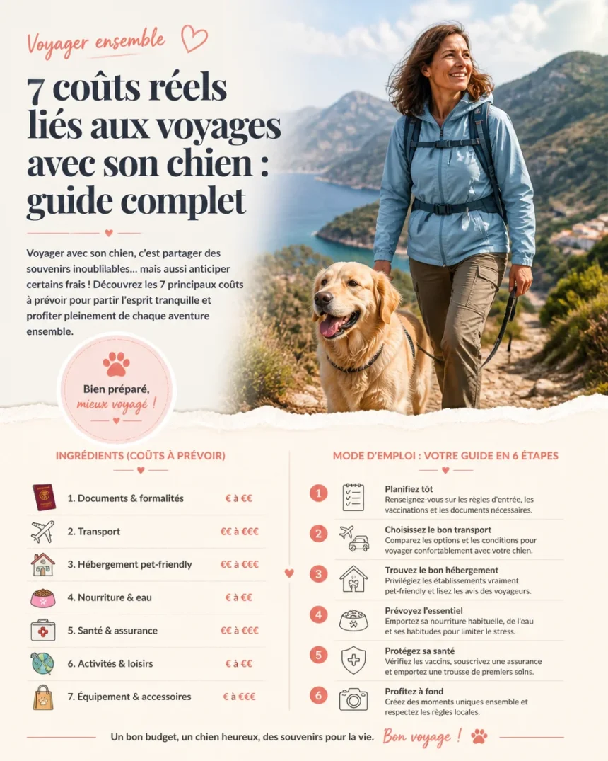 Un chien heureux en voyage avec son propriétaire, illustrant les coûts réels des voyages avec chien.
