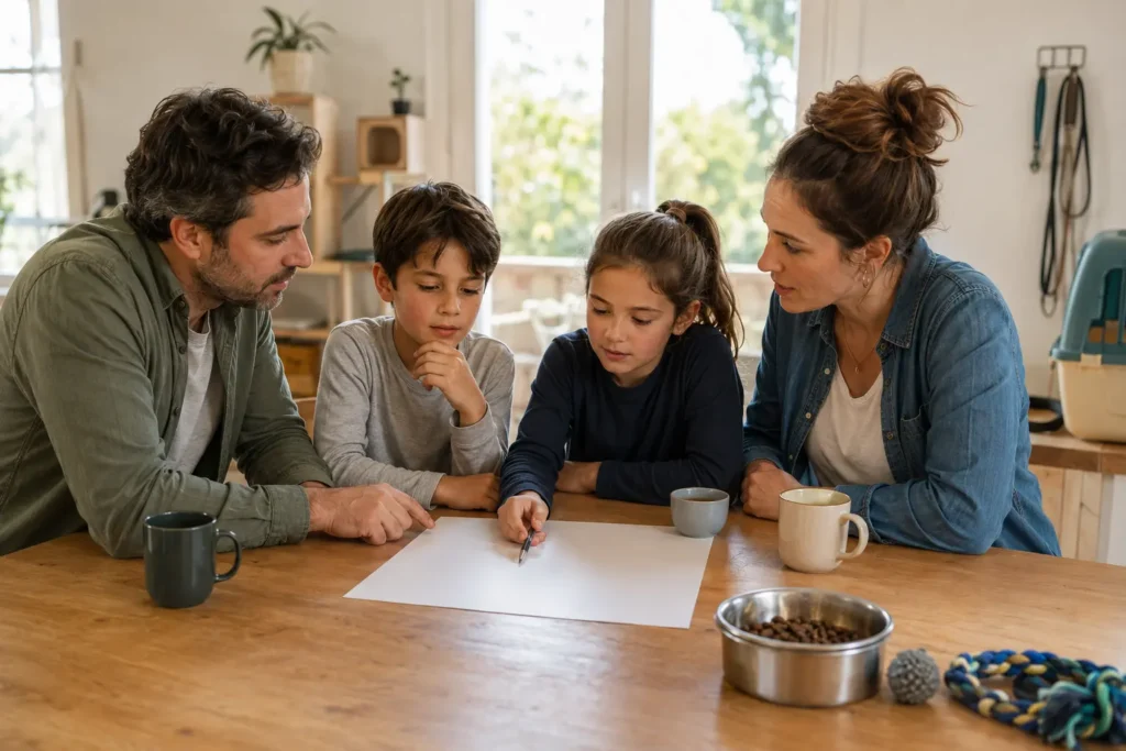 Famille discutant des responsabilités avant l’adoption d’un animal