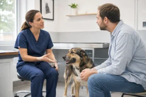 Vétérinaire donnant des explications claires au propriétaire d’un animal