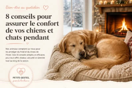 Chien et chat confortablement installés sur un coussin pendant l'hiver
