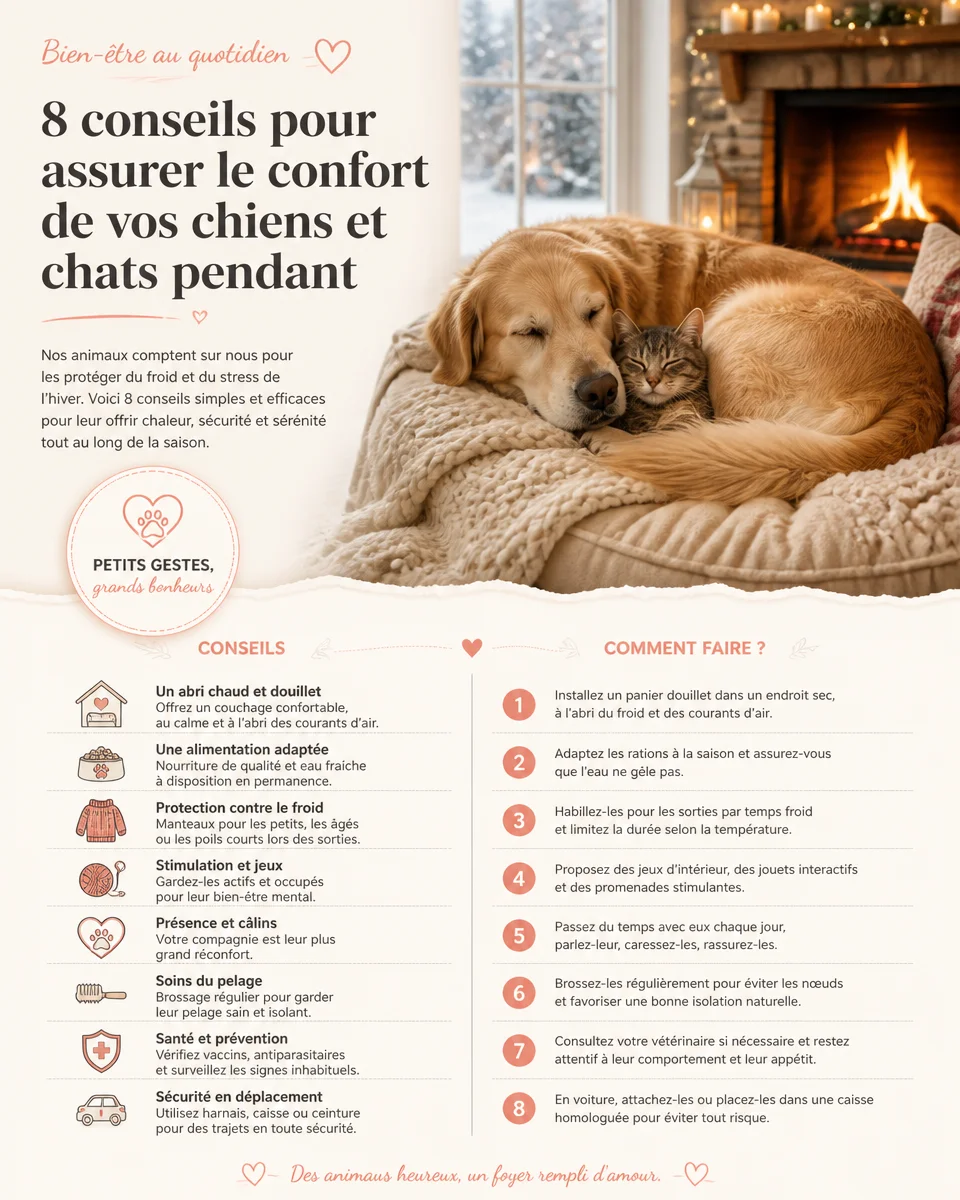 Chien et chat confortablement installés sur un coussin pendant l'hiver