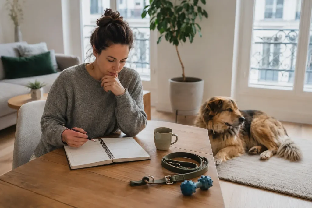 Personne évaluant son emploi du temps et les soins quotidiens nécessaires à un animal