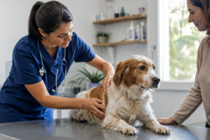 Examen physique calme d’un chien pendant une consultation vétérinaire