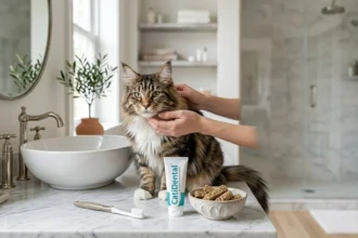 Soins dentaires du chat avec examen doux de la bouche