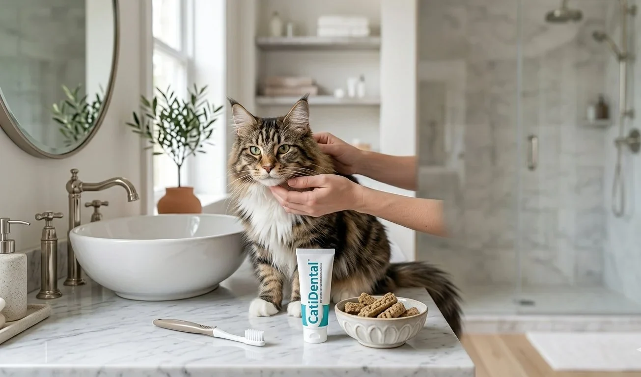 Soins dentaires du chat avec examen doux de la bouche