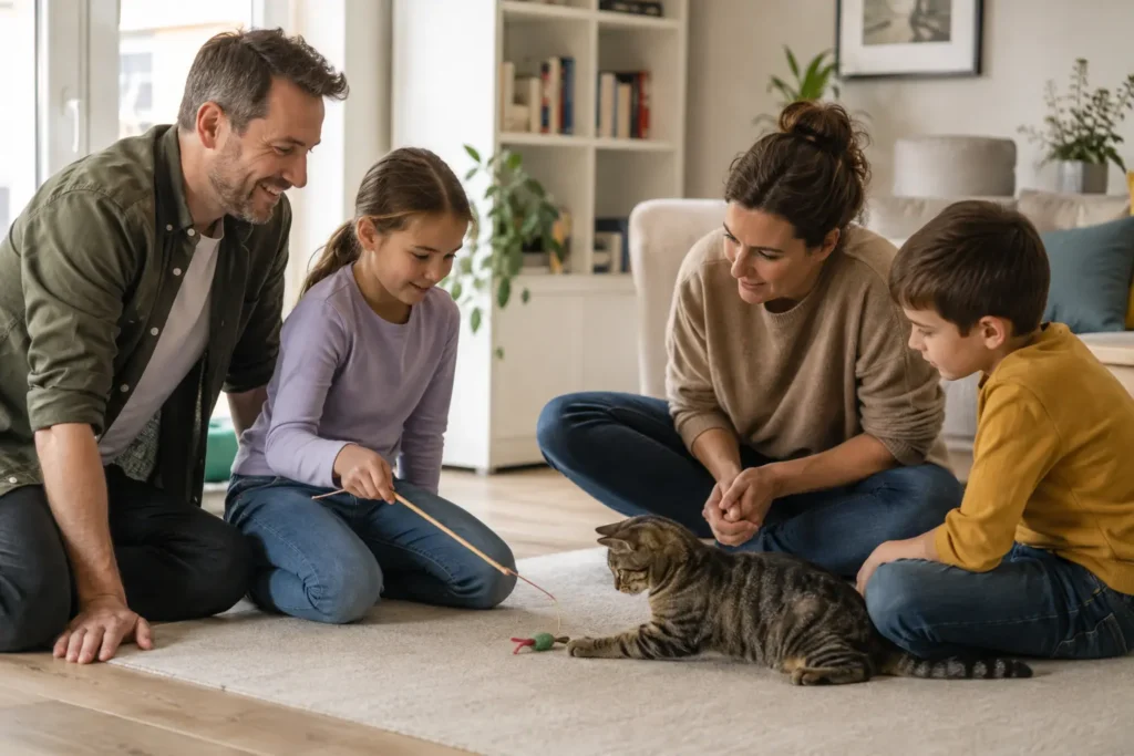 Famille interagissant respectueusement avec un chat sous la surveillance des adultes