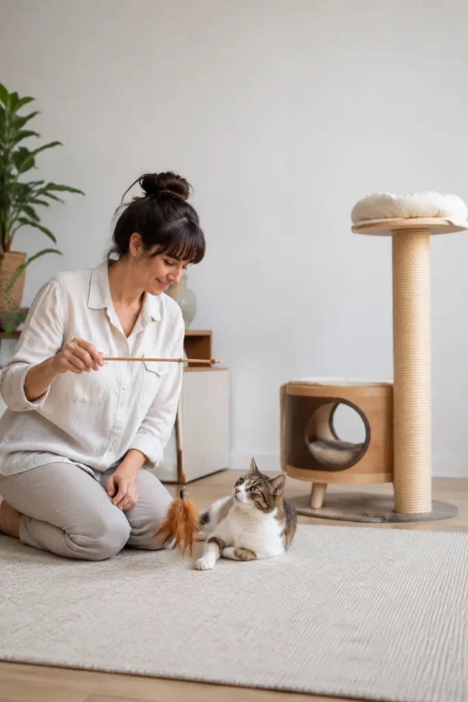 Propriétaire jouant avec son chat dans un intérieur enrichi