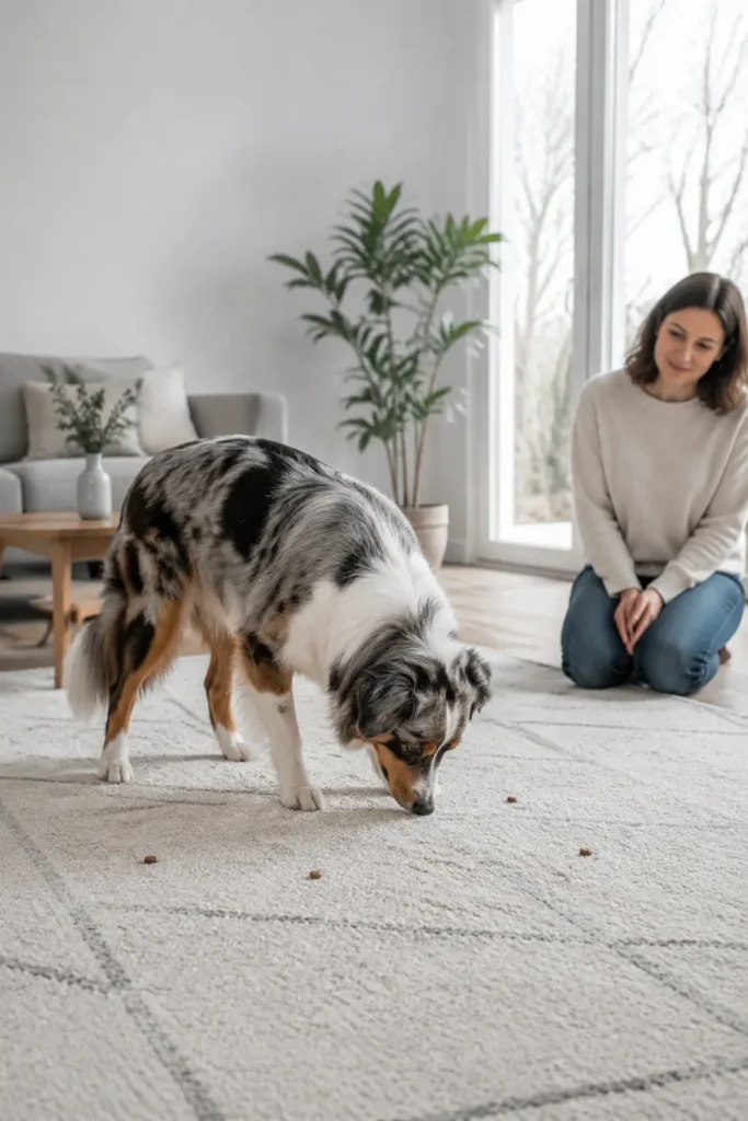 Chien recherchant des friandises pendant un jeu de flair à la maison