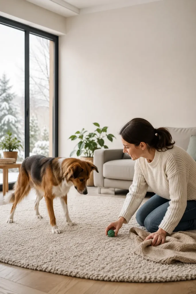 Chien utilisant un jouet-puzzle interactif sous surveillance