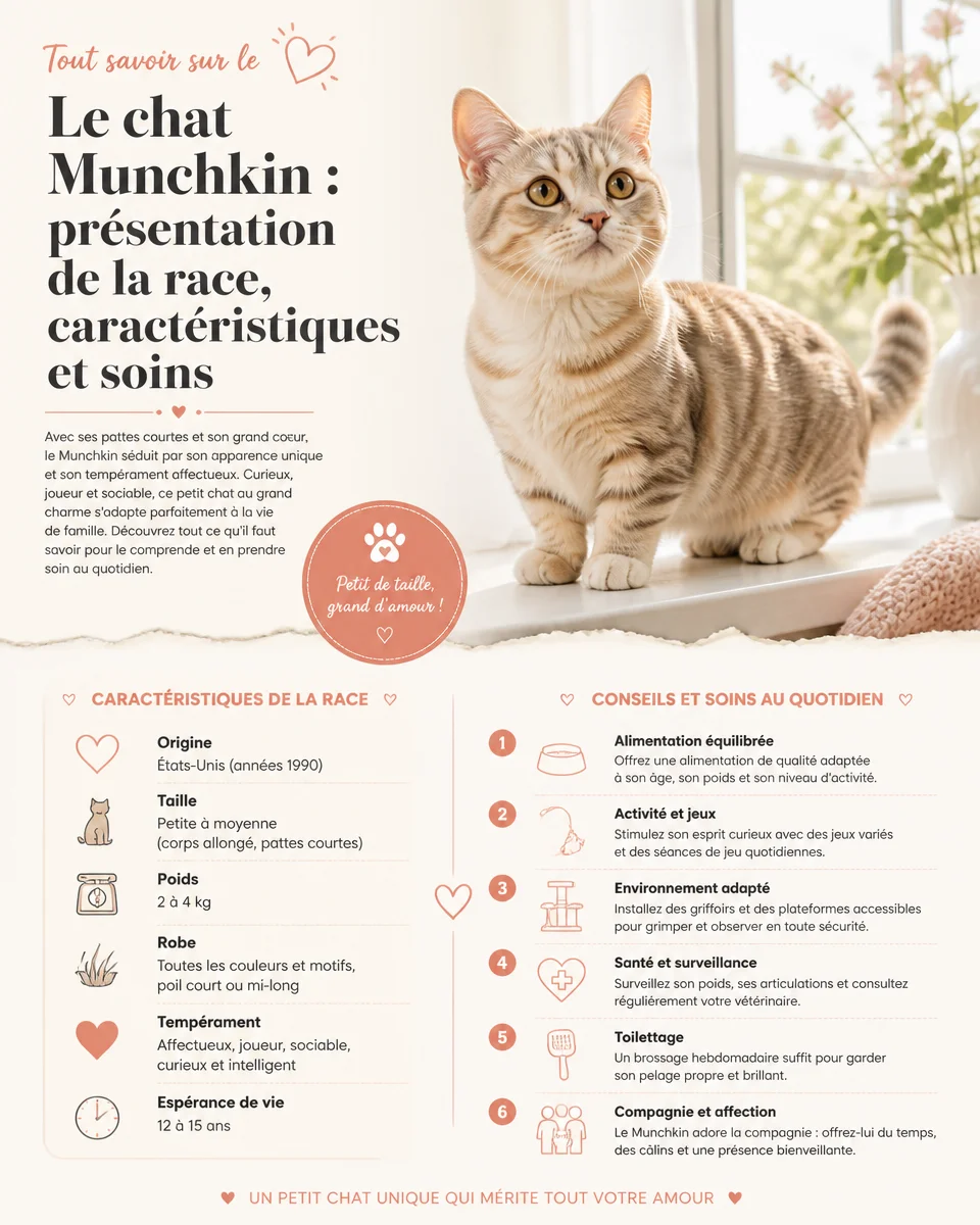 Chat Munchkin présentant ses caractéristiques et ses soins dans un environnement domestique.