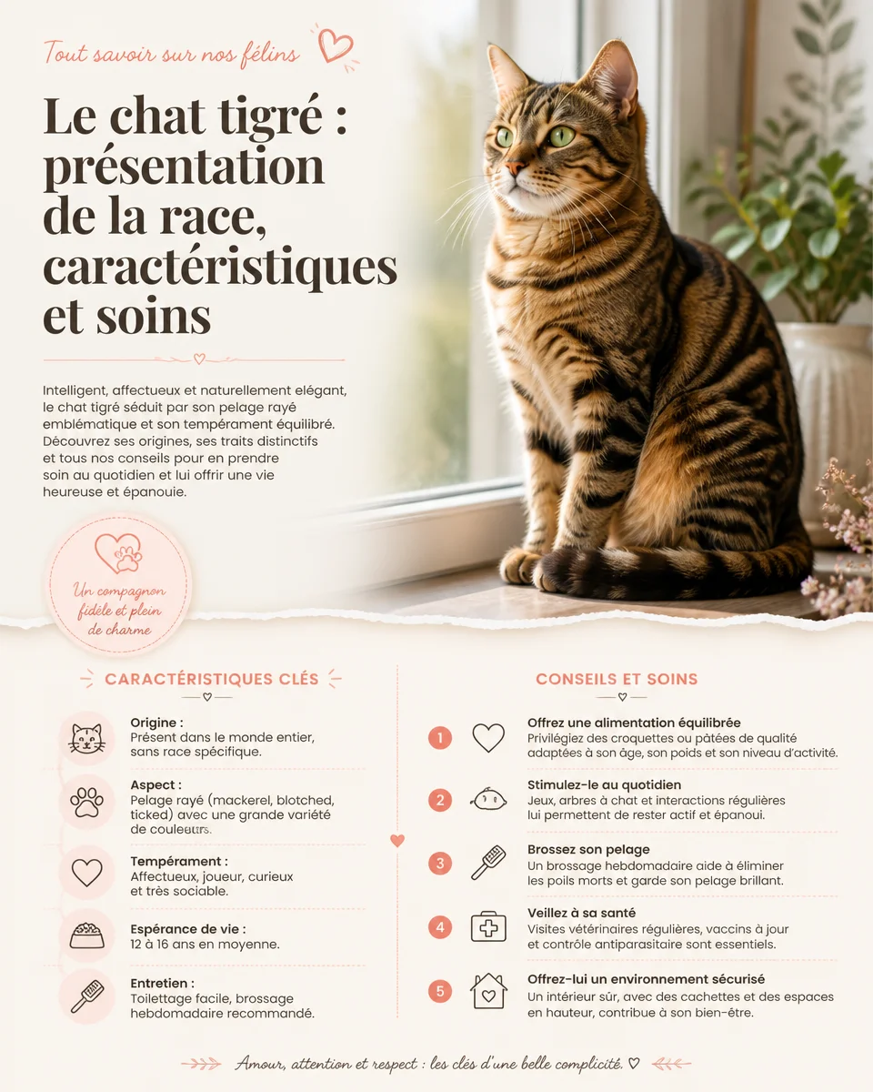 Chat tigré posé sur un coussin, montrant ses caractéristiques distinctives.
