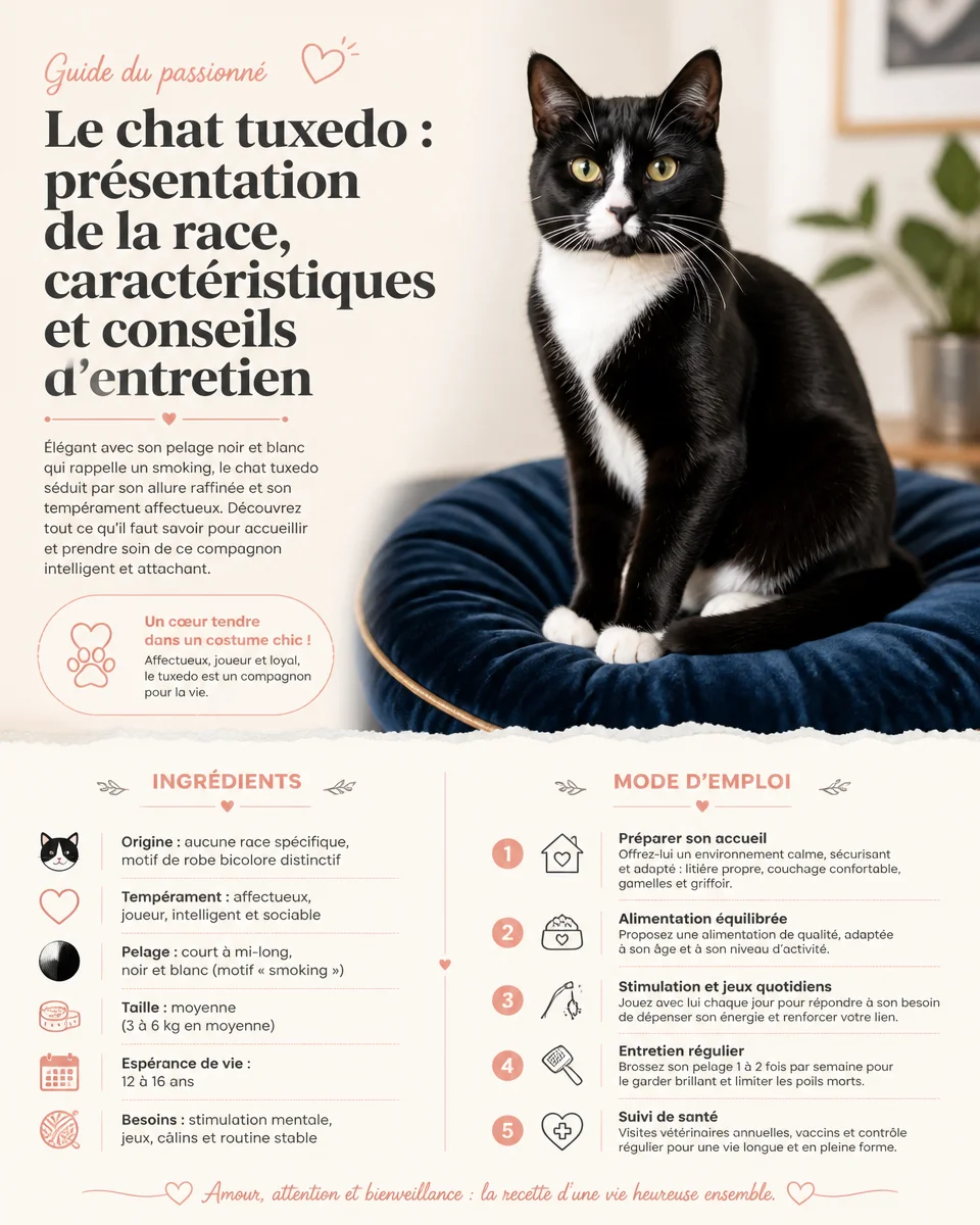 Chat tuxedo élégant avec pelage noir et blanc, caractéristiques et conseils d'entretien.