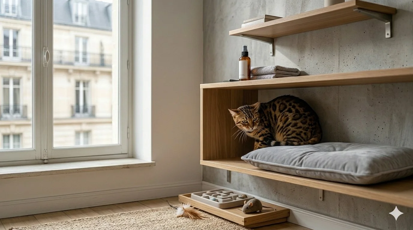 Chat stressé avec signes de stress et conseils pour les réduire