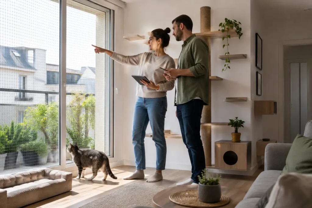 Couple évaluant la sécurité et l’aménagement de son logement avant d’adopter