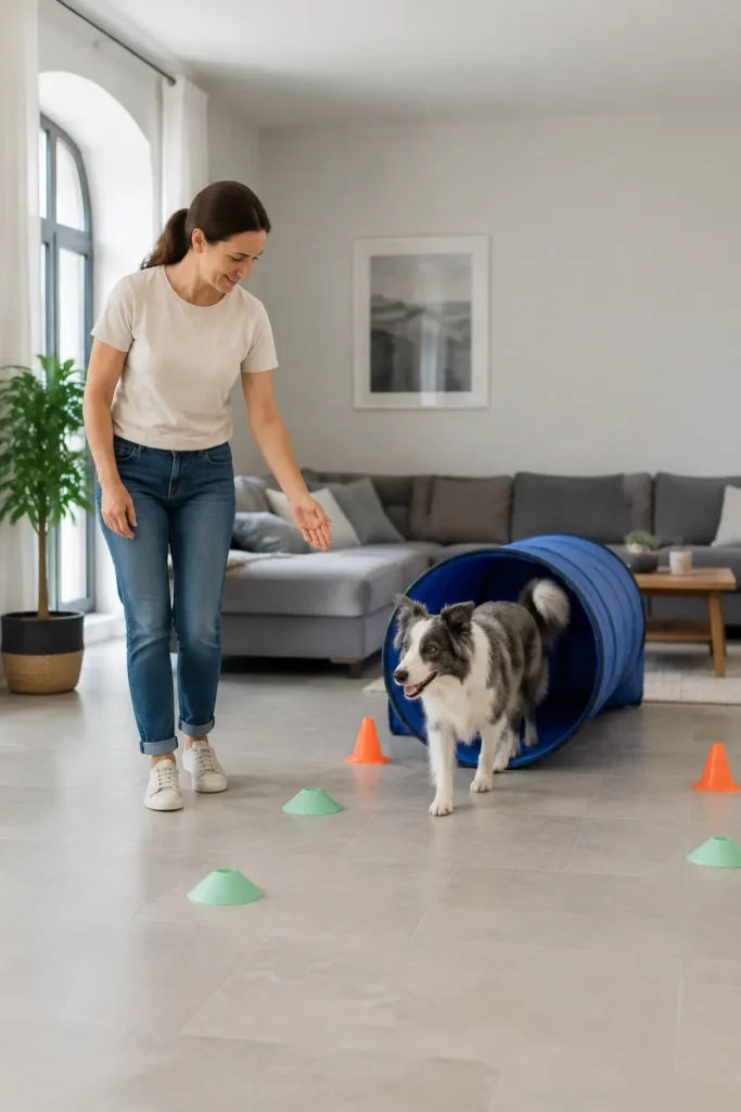 Chien détendu après des jeux d’intérieur adaptés