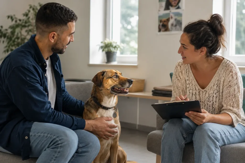 Future personne adoptante rencontrant un chien avec une professionnelle de refuge