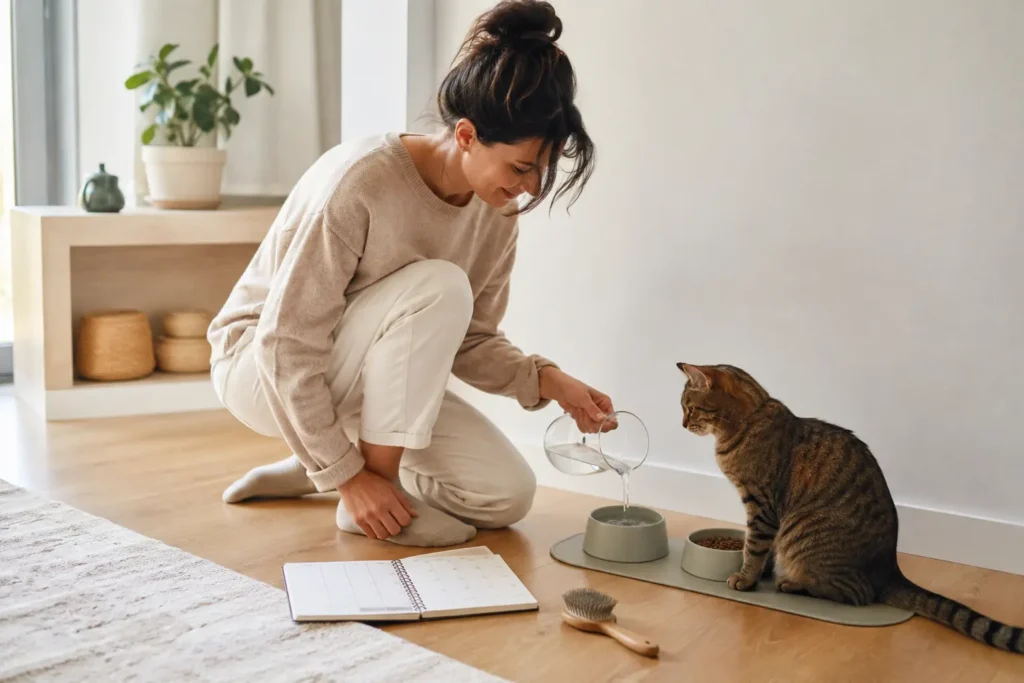 Femme partageant un moment calme avec son chat sans symbolisme thérapeutique