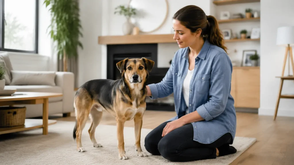Chien calme près d’une caisse de transport sécurisée
