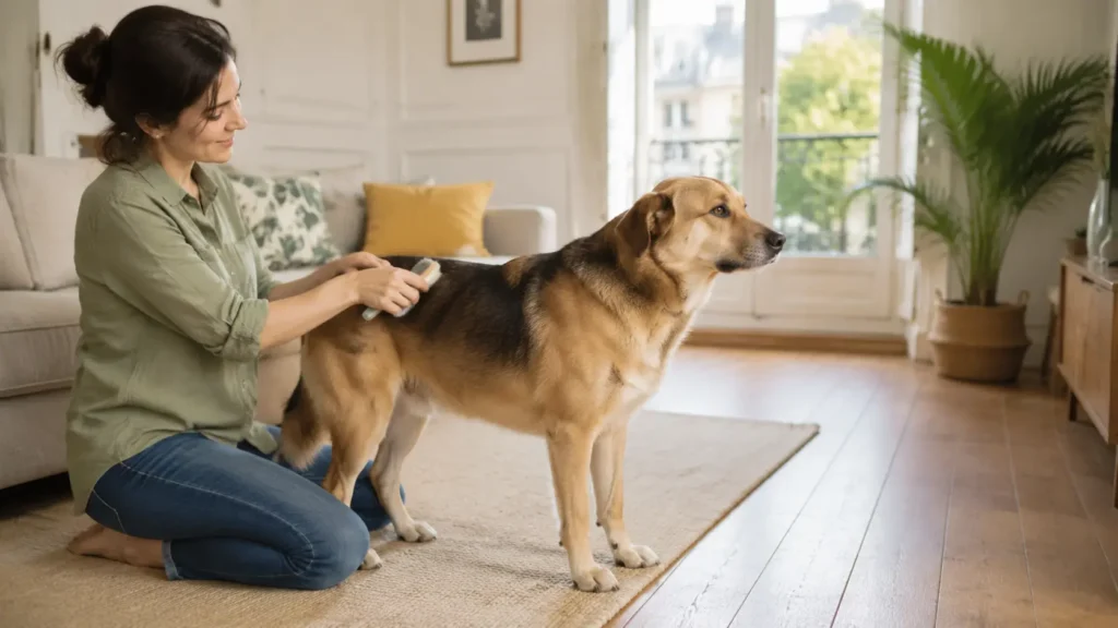 Routine relaxante avec son animal dans un salon calme