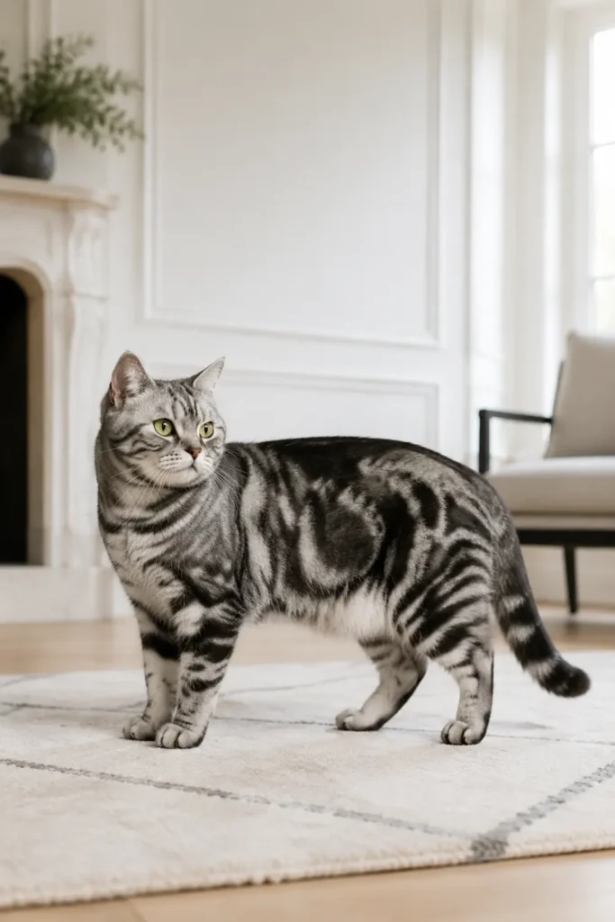 American Shorthair jouant dans un environnement intérieur enrichi