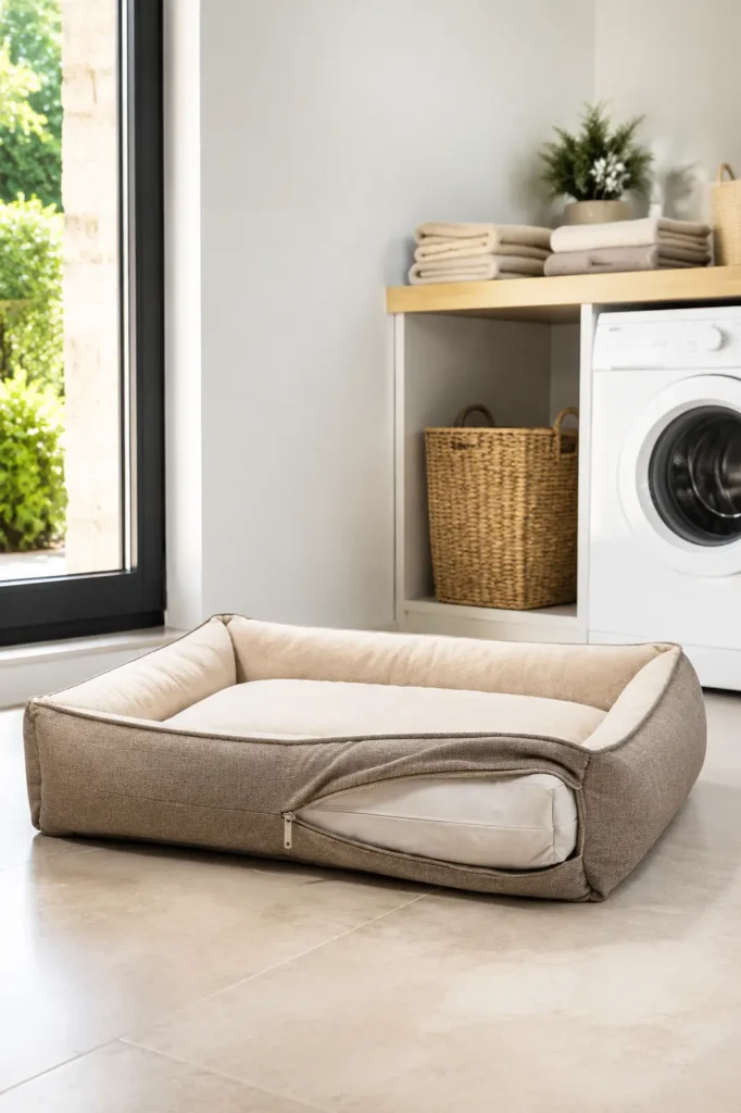 Propriétaire mesurant un chien détendu pour choisir son couchage
