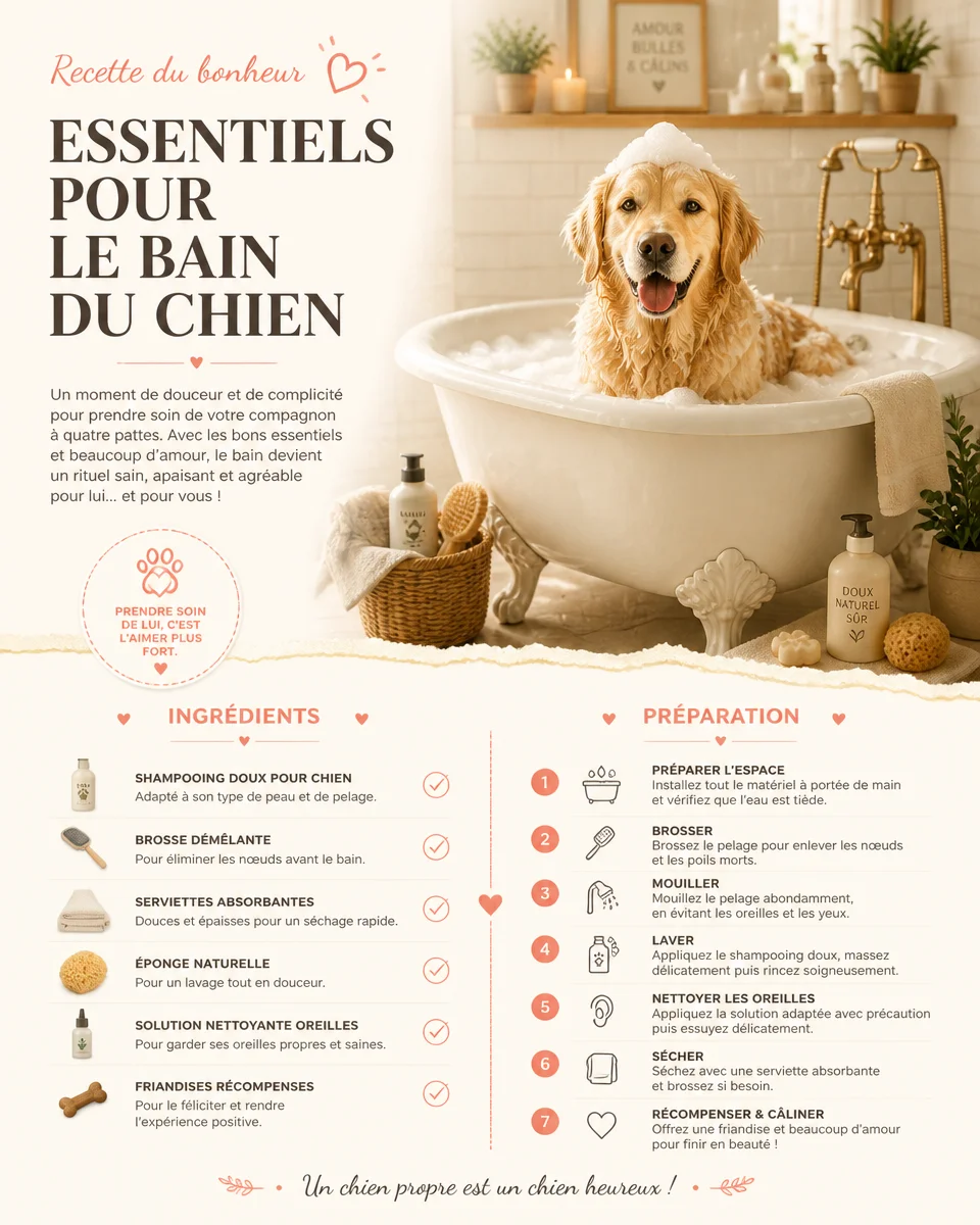 Chien heureux lors d'un bain avec des conseils essentiels et secrets.