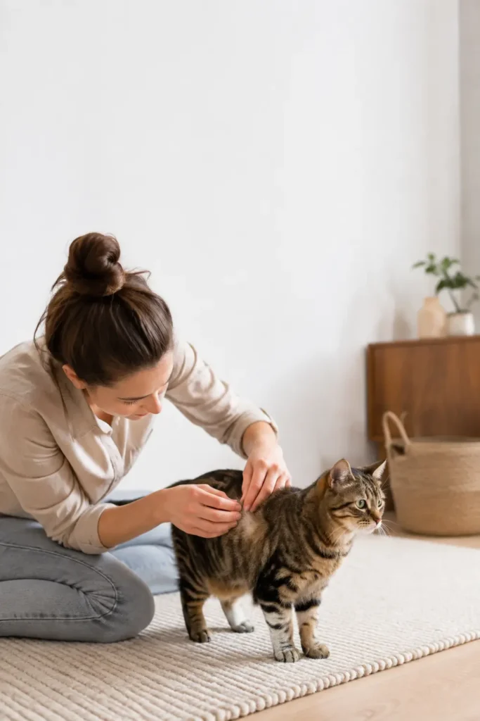 Chat à poil court pendant une séance calme de brossage
