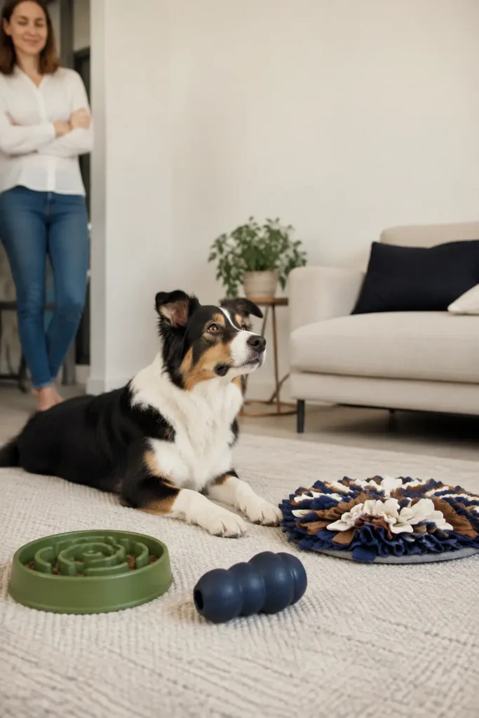 Jouets interactifs sécurisés disposés près d’un chien attentif