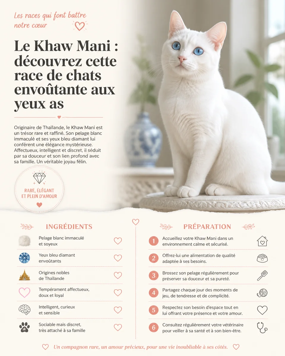 Un chat Khaw Mani avec des yeux de diamant captivants et un pelage élégant.