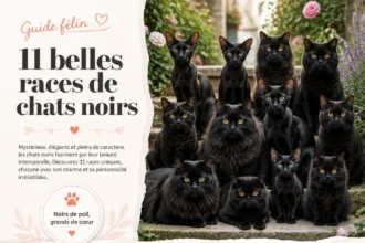 Illustration de différentes races de chats noirs, incluant leurs caractéristiques uniques.