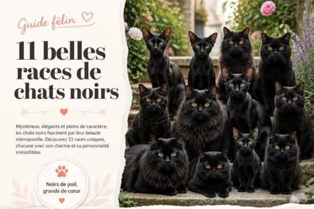 Illustration de différentes races de chats noirs, incluant leurs caractéristiques uniques.