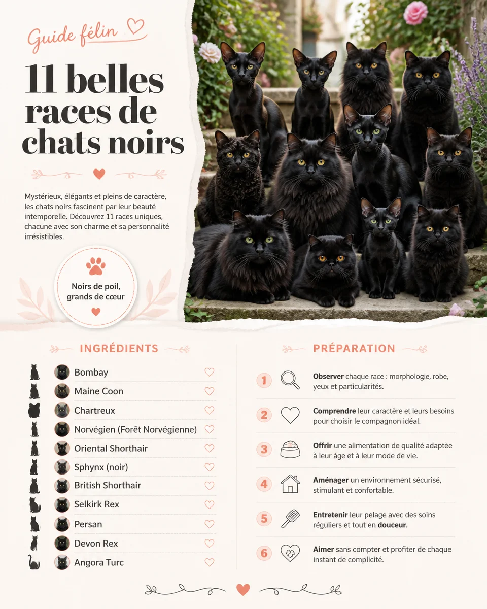 Illustration de différentes races de chats noirs, incluant leurs caractéristiques uniques.