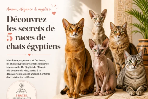 Illustration des 5 races de chats égyptiens et leurs caractéristiques uniques.