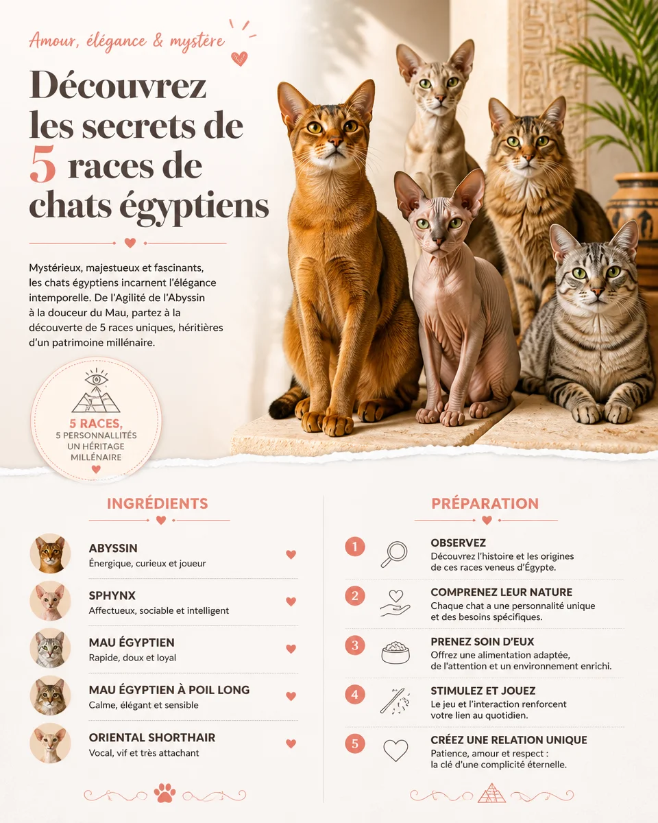 Illustration des 5 races de chats égyptiens et leurs caractéristiques uniques.