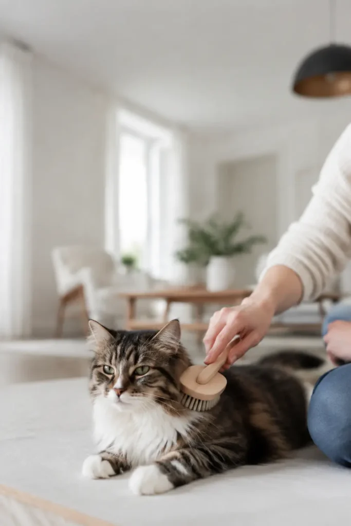 Propriétaire examinant doucement le pelage du chat pour repérer des nœuds